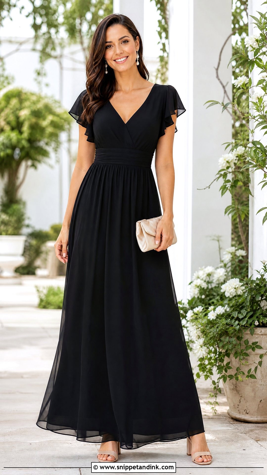Black Flutter Sleeve Wedding Party Dress With Pearl Earrings - Snippet and Ink - 20 Wedding Party Black Dresses