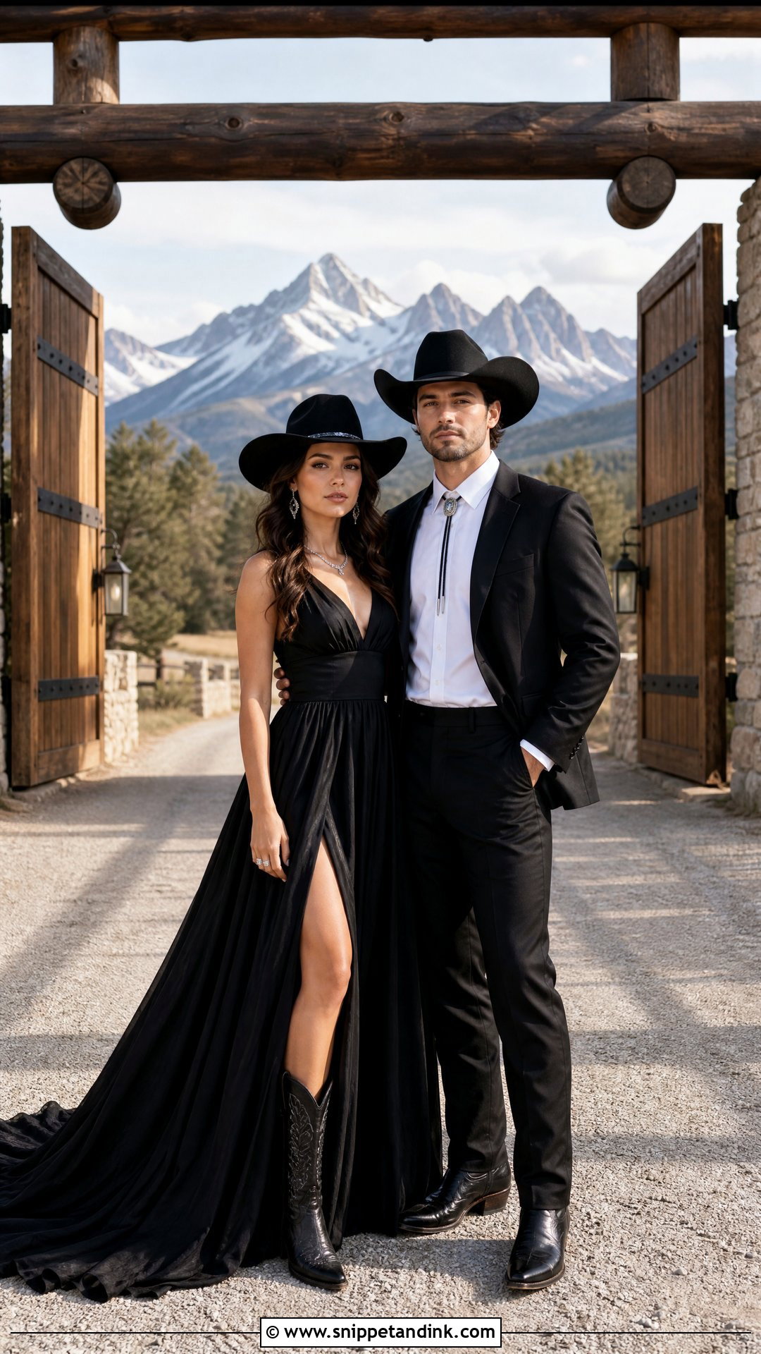 Black Formal Dress And Cowboy Hat Outfit - Snippet and Ink - 20 Western Pre Wedding Shoot Outfit Ideas