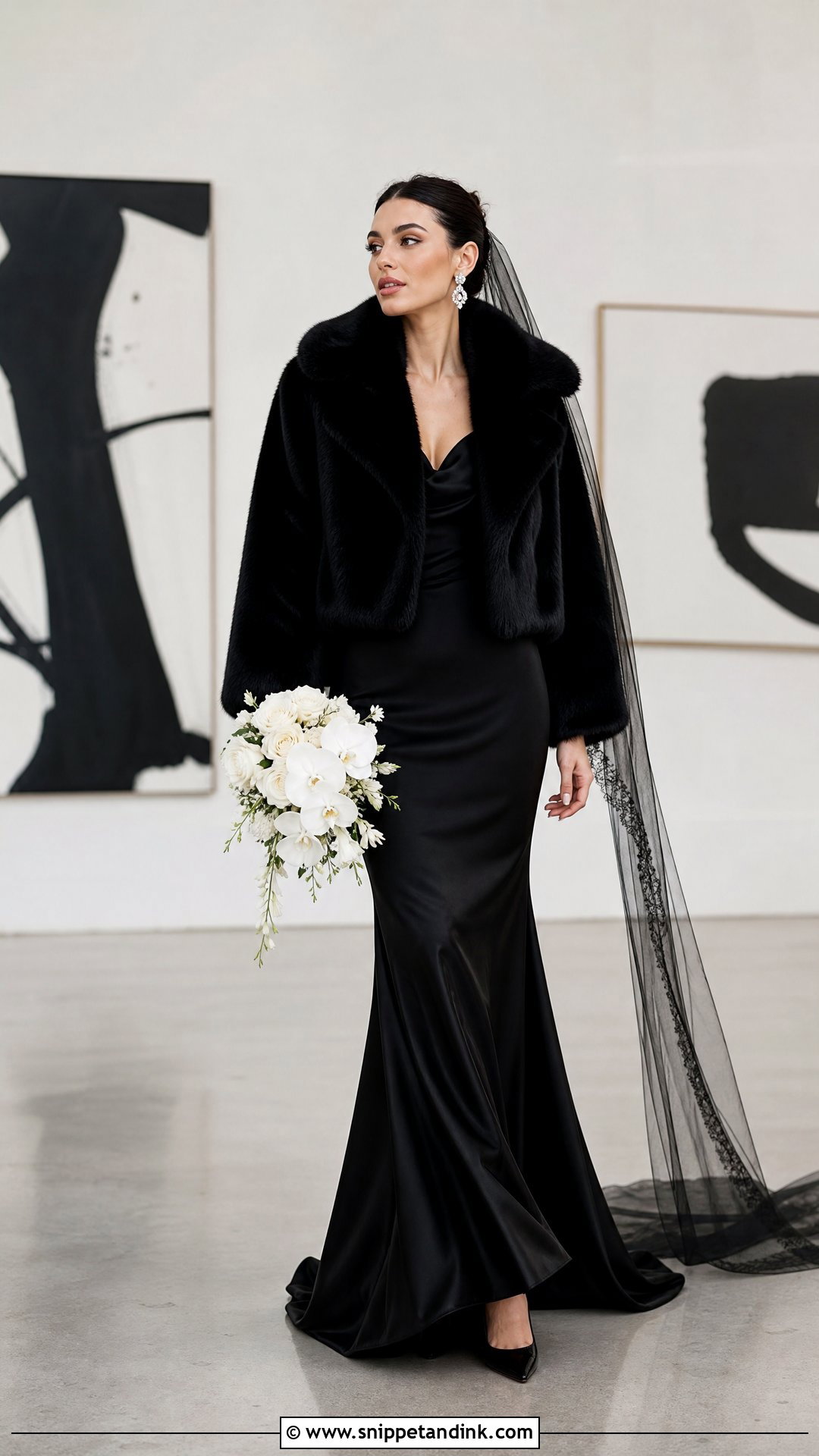 Black Fur Coat With Black Wedding Dress - Snippet and Ink - 20 Wedding Fur Coat Ideas