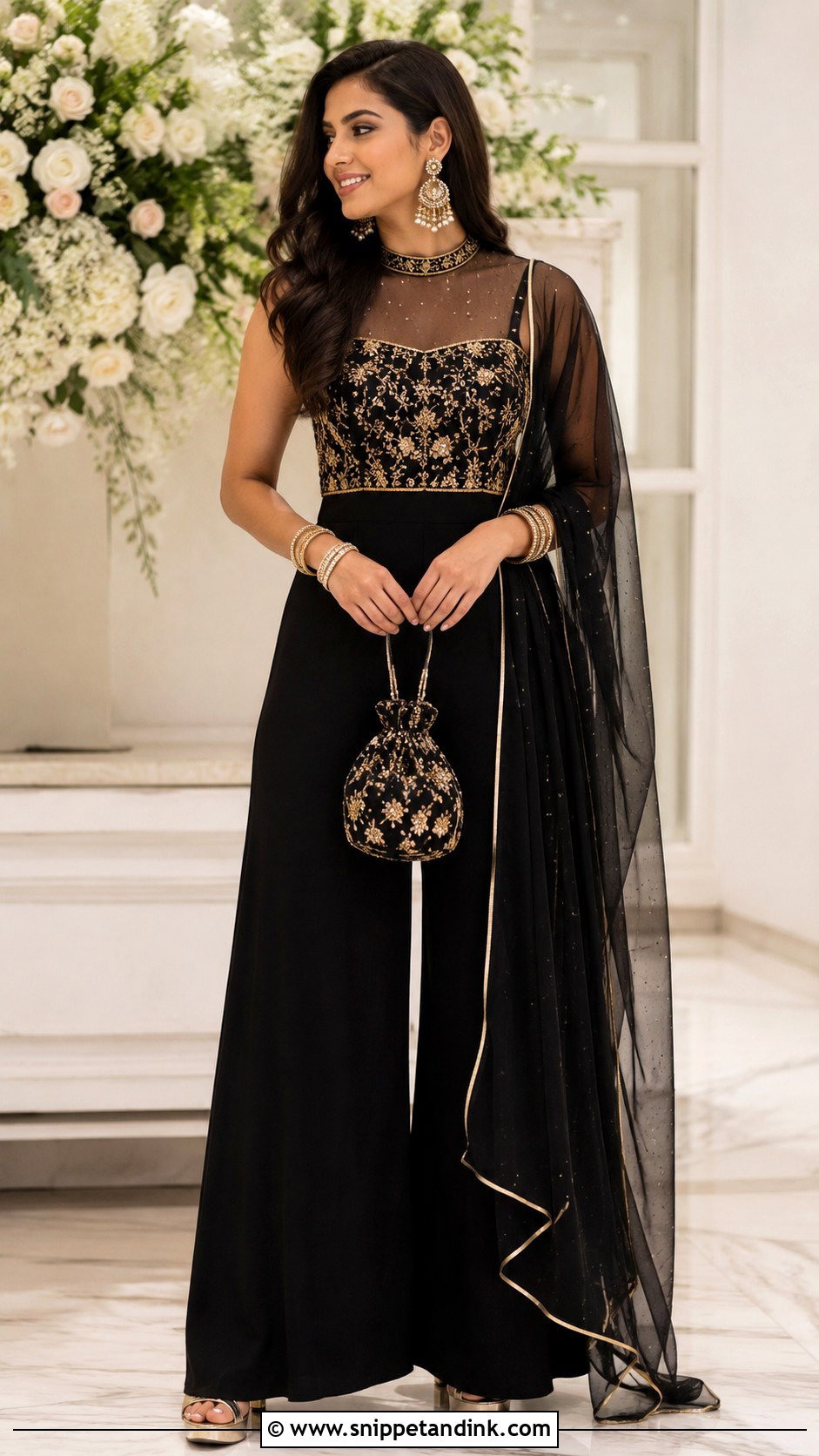 Black Fusion Jumpsuit With Dupatta - Snippet and Ink - 20 Black Indian Wedding Dress Ideas