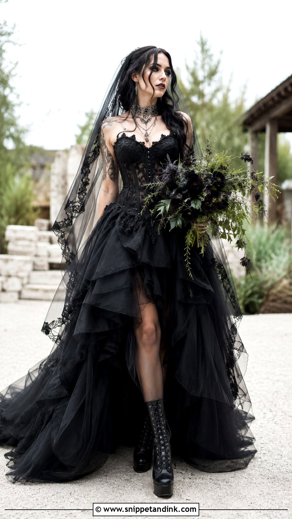 Black Gothic Wedding Dress With Boots - Snippet and Ink - 30 Gothic Black Wedding Dresses