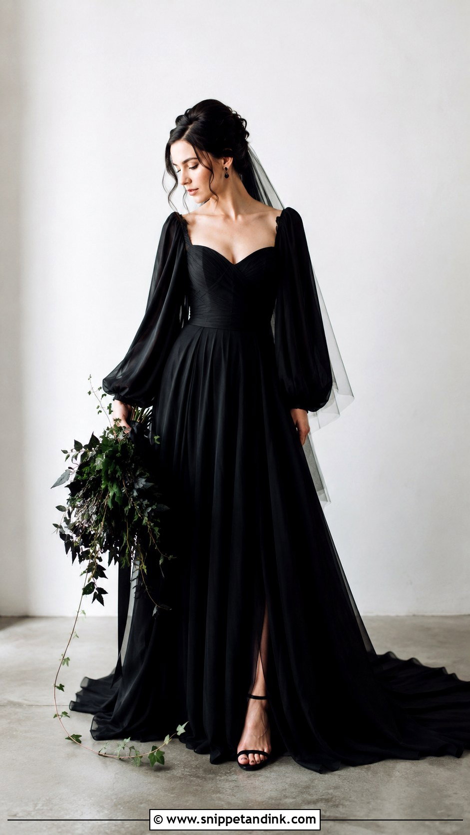 Black Gothic Wedding Dress With Dramatic Sleeves - Snippet and Ink - 30 Gothic Black Wedding Dresses