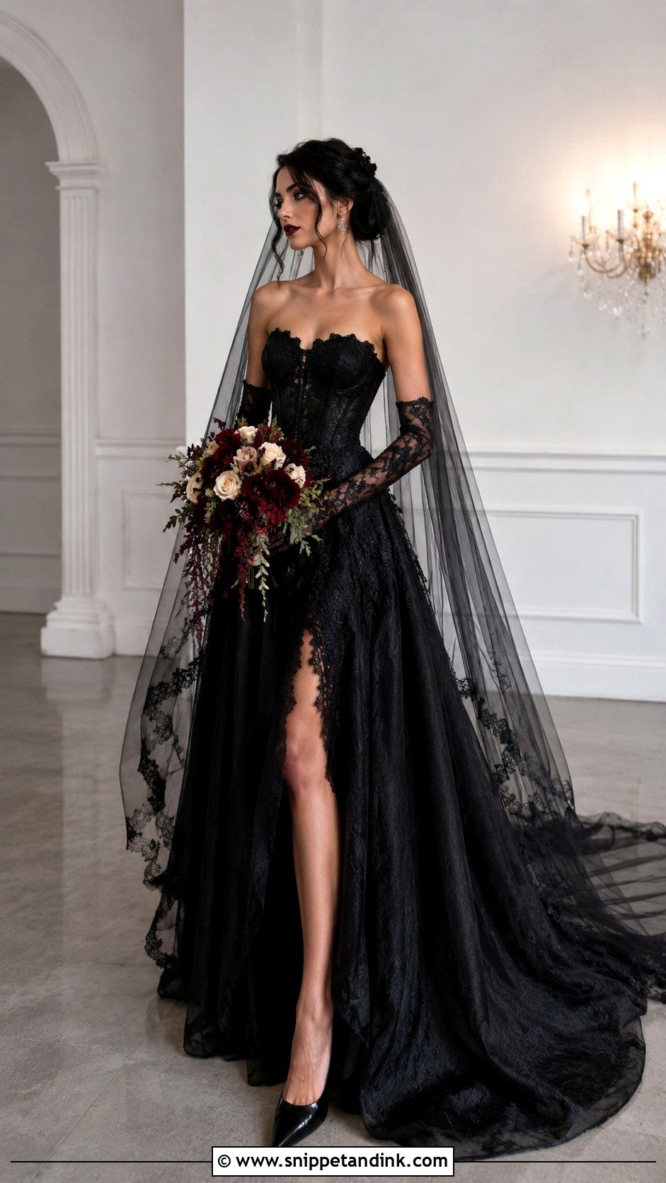 Black Gothic Wedding Dress With Gloves - Snippet and Ink - 30 Gothic Black Wedding Dresses