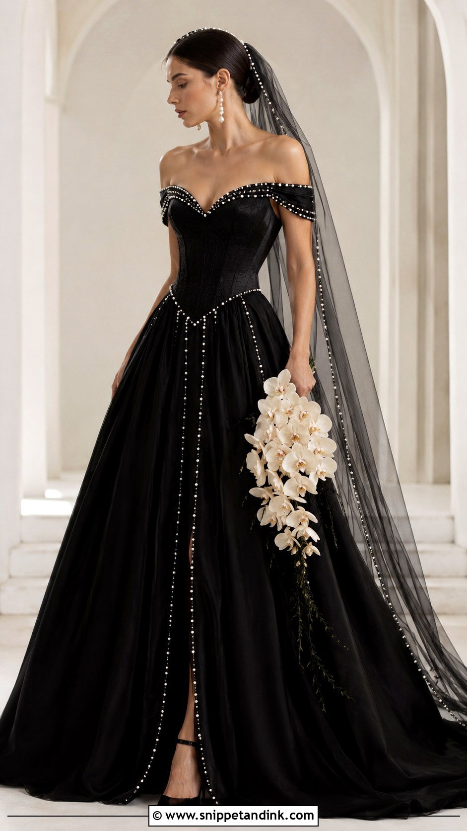 Black Gothic Wedding Dress With Pearl Details - Snippet and Ink - 30 Gothic Black Wedding Dresses