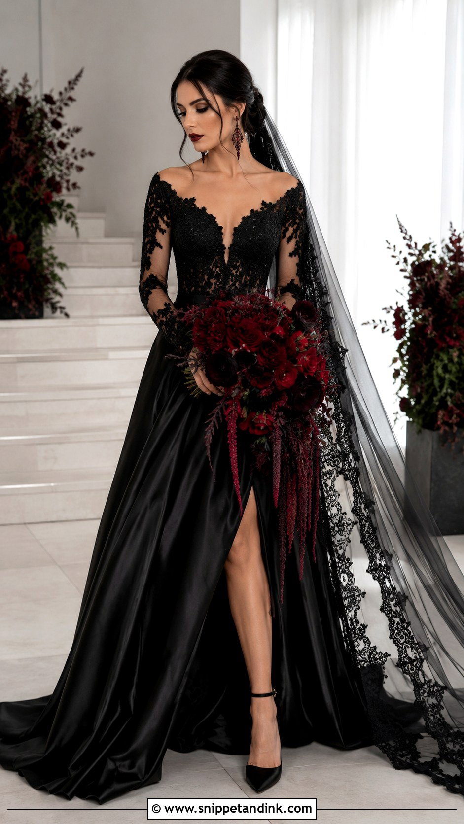 Black Gothic Wedding Dress With Red Flowers - Snippet and Ink - 30 Gothic Black Wedding Dresses