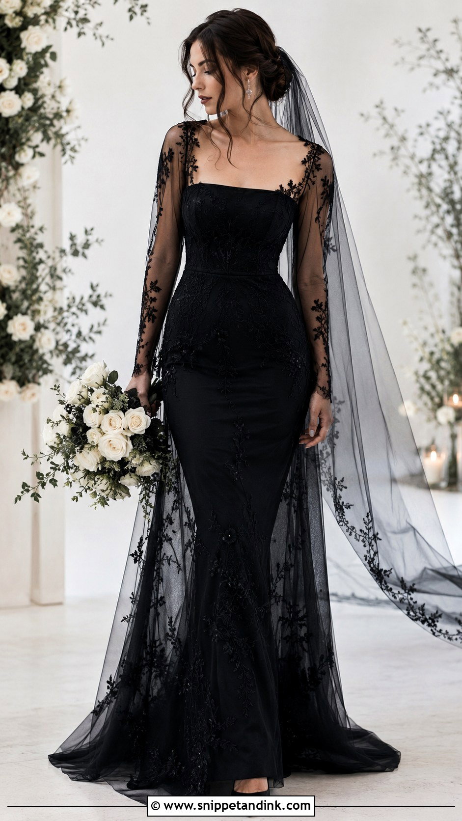 Black Gothic Wedding Dress With Sheer Overlay - Snippet and Ink - 30 Gothic Black Wedding Dresses