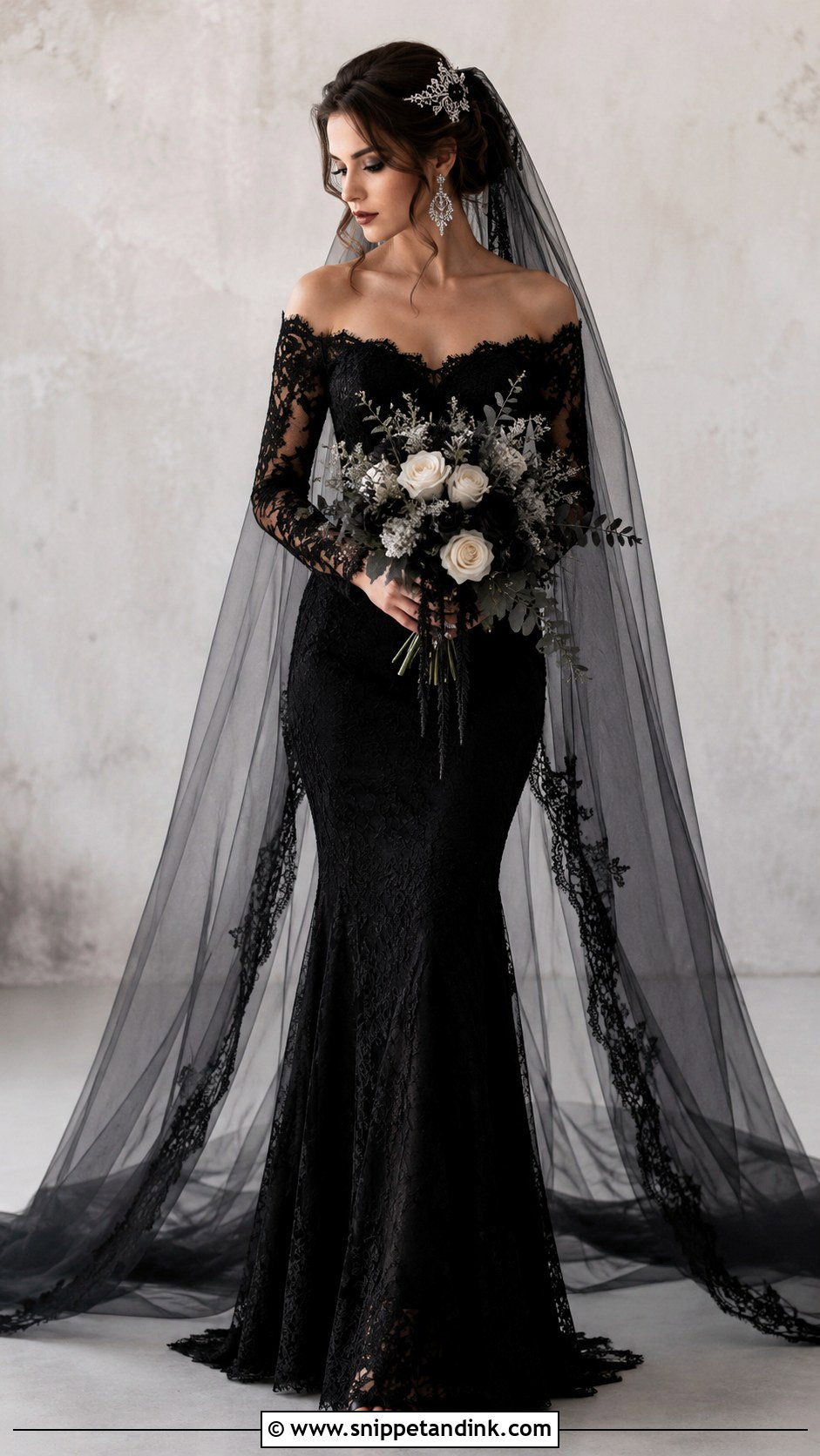 Black Gothic Wedding Dress With Silver Jewelry - Snippet and Ink - 30 Gothic Black Wedding Dresses