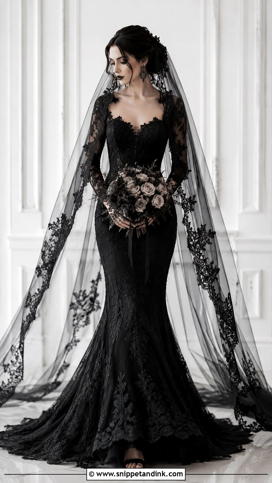 Black Gothic Wedding Dress With Veil - Snippet and Ink - 30 Gothic Black Wedding Dresses