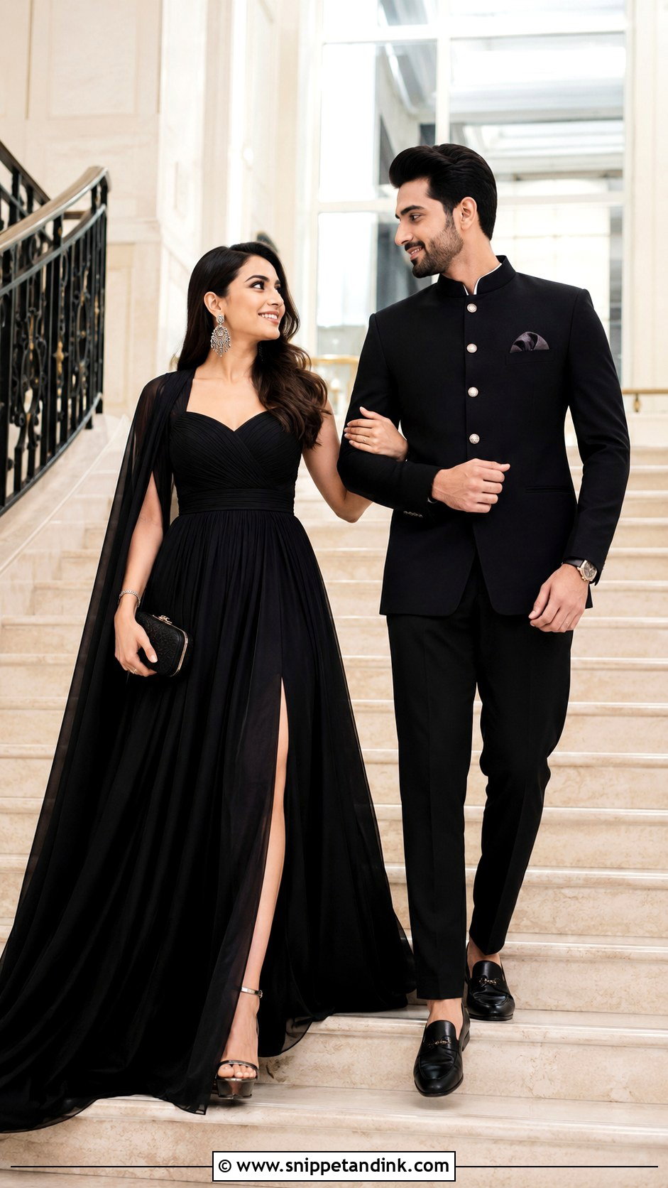 Black Gown And Bandhgala Pre Wedding Shoot Outfit - Snippet and Ink - 20 Indian Pre Wedding Shoot Outfit Ideas