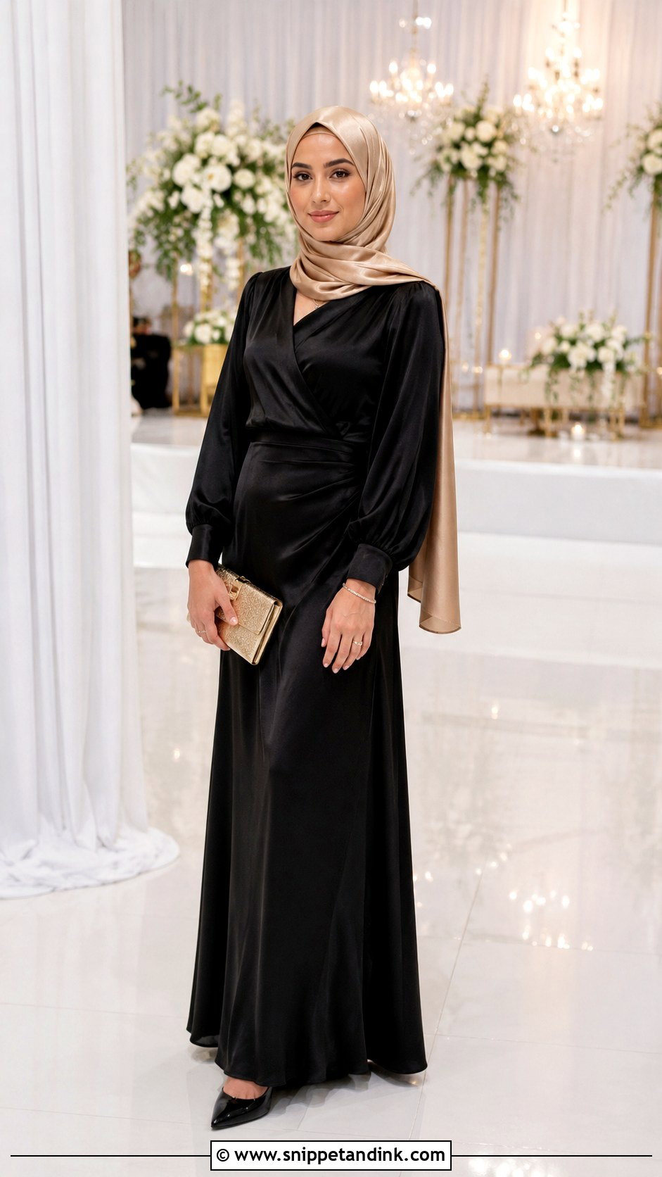 Black Gown With Gold Hijab - Snippet and Ink - 30 Wedding Hijab Styles