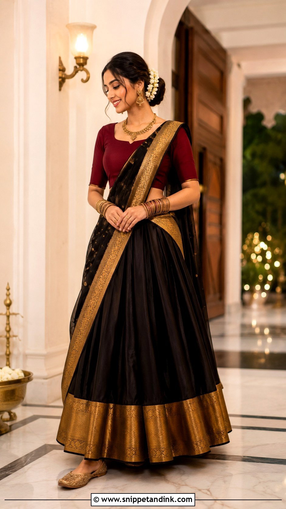 Black Half Saree With Gold Border - Snippet and Ink - 30 Halfsarees Traditional Ideas