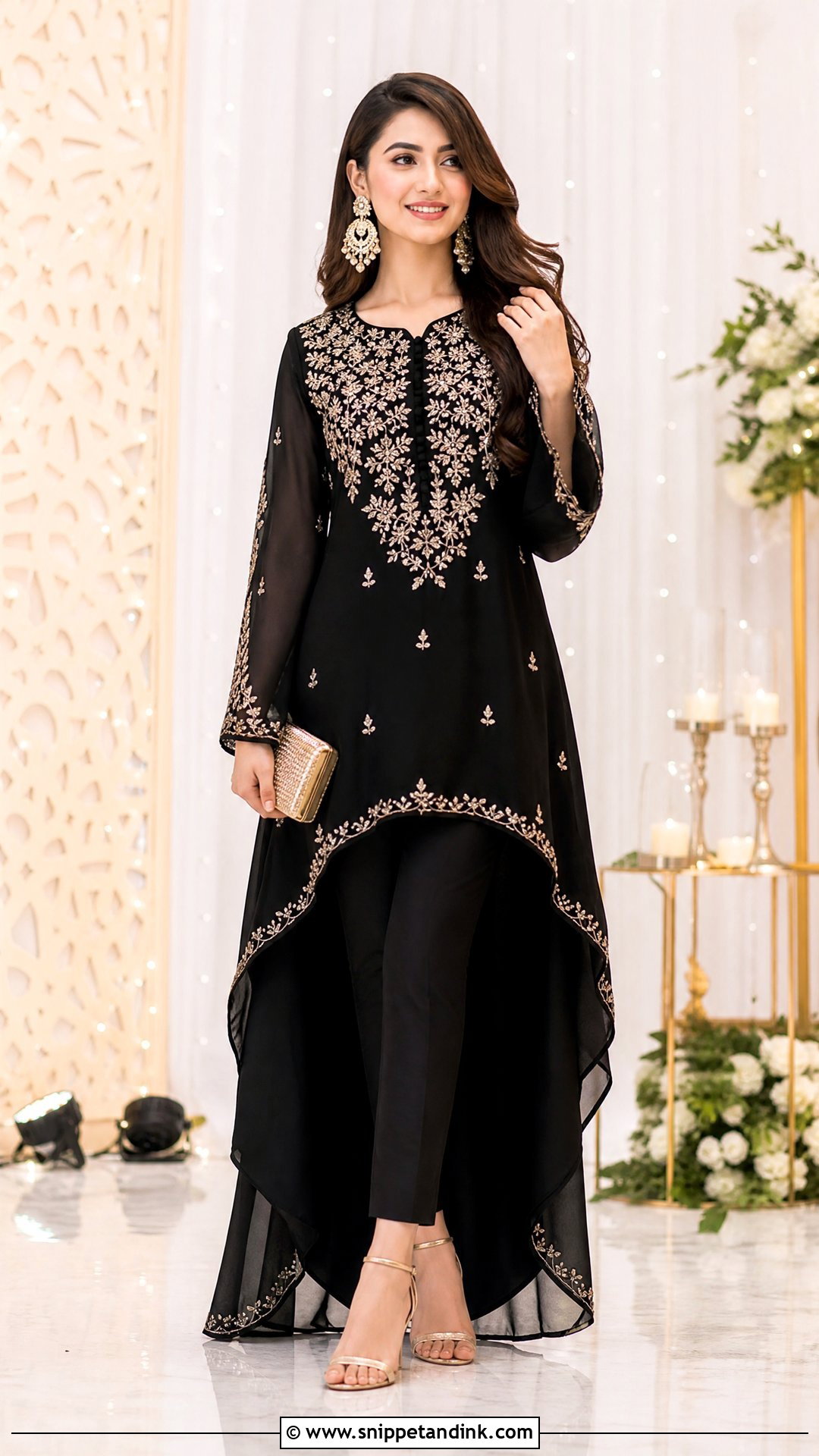 Black High Low Kurta With Pants For Sangeet - Snippet and Ink - 25 Black Sangeet Outfit Ideas