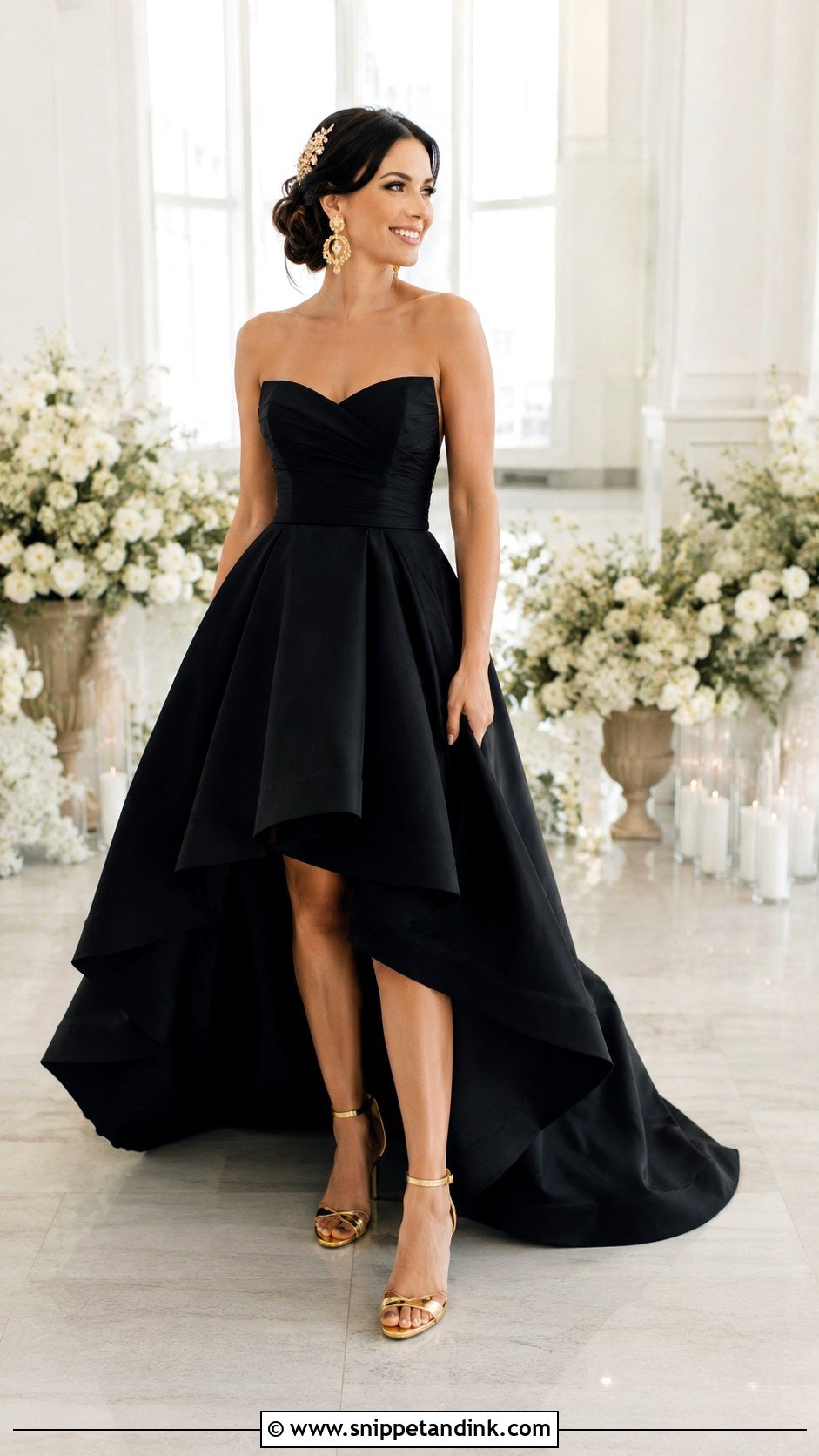 Black High Low Wedding Dress With Gold Heels - Snippet and Ink - 25 Black and Gold Wedding Dress Ideas