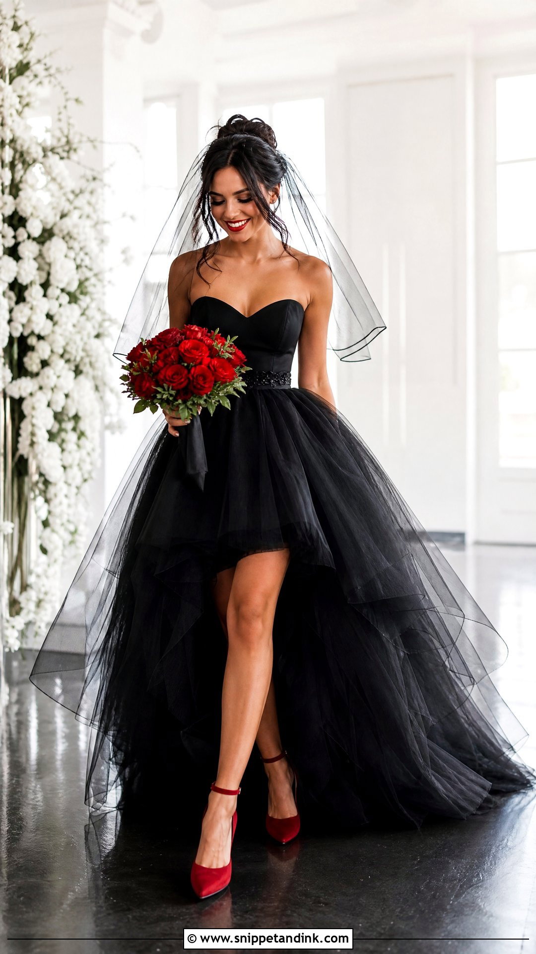 Black High Low Wedding Dress With Red Heels - Snippet and Ink - 25 Red and Black Wedding Dress Ideas