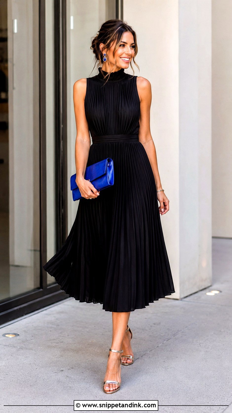 Black High Neck Dress With a Bright Clutch - Snippet and Ink - 20 Dressing Up a Black Dress for a Wedding Ideas