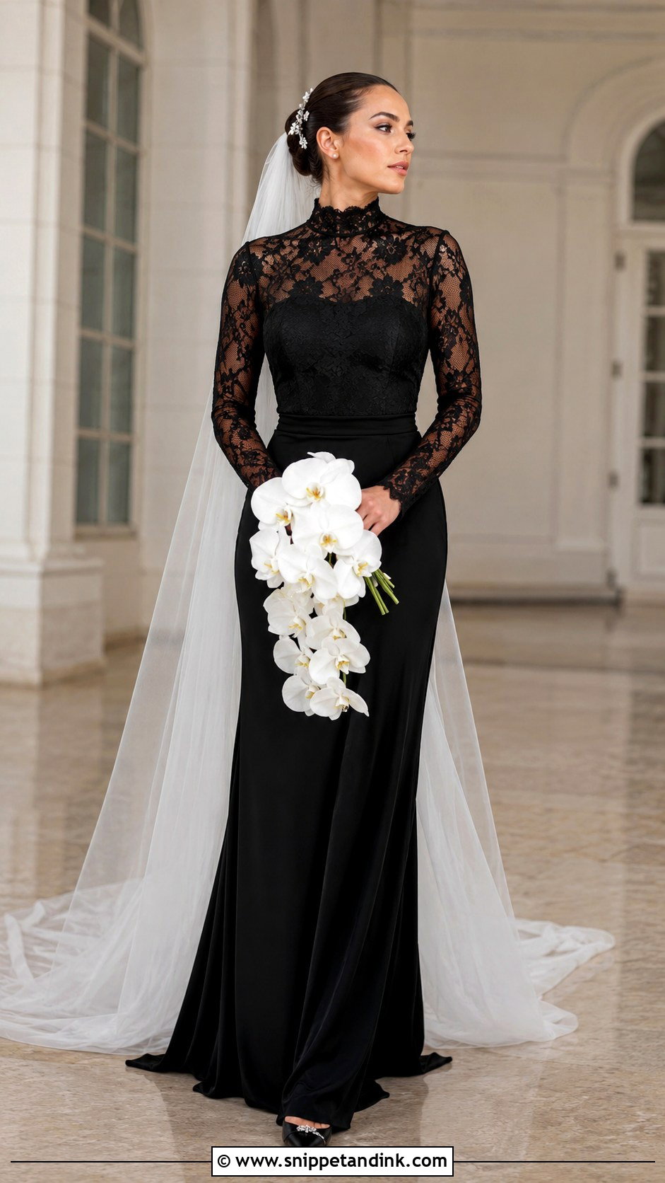 Black High Neck Wedding Dress With Lace Sleeves - Snippet and Ink - 20 Black Wedding Dress with Sleeves