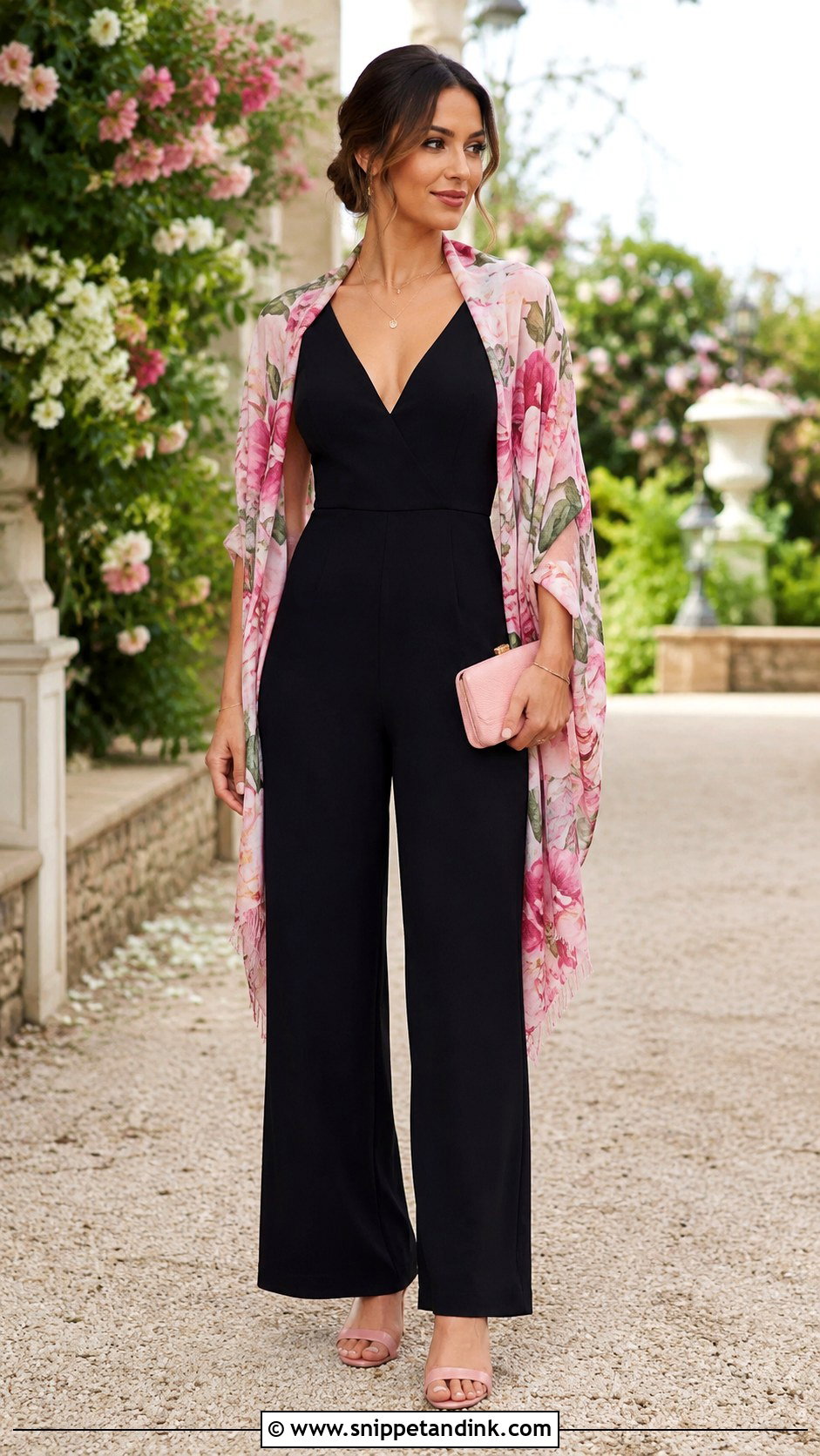 Black Jumpsuit With Floral Shawl And Pink Heels - Snippet and Ink - 20 Black Jumpsuit Wedding Ideas