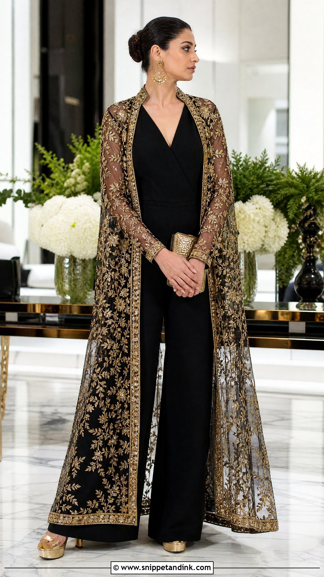 Black Jumpsuit With Gold Shrug - Snippet and Ink - 20 Shrug Dresses Indian Wedding
