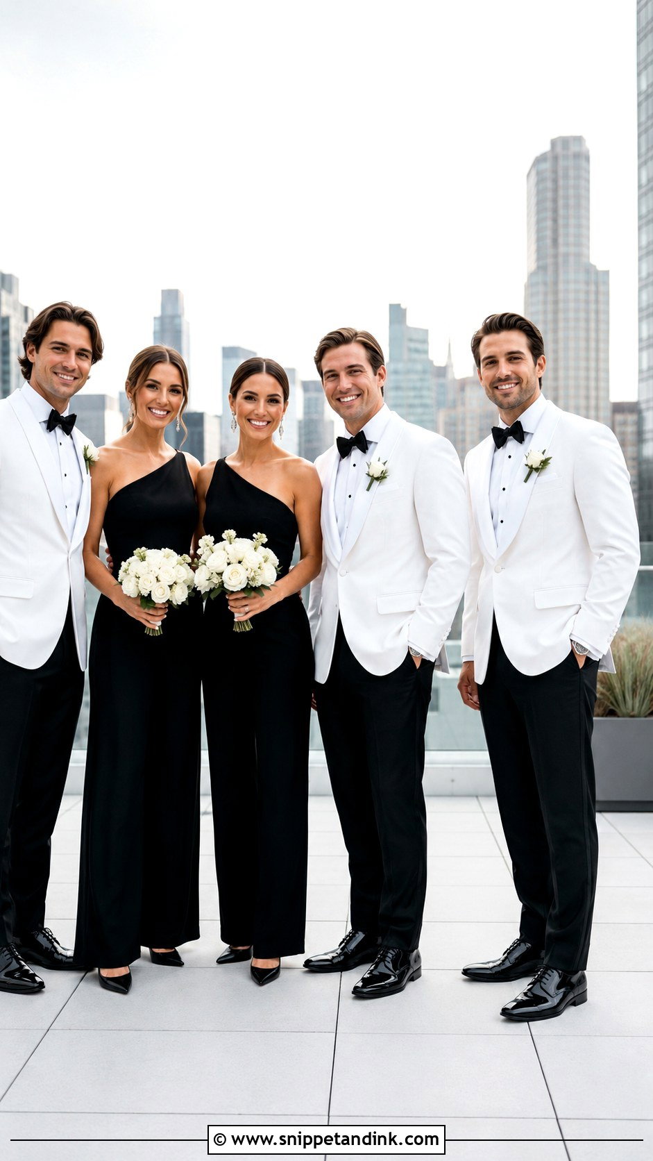 Black Jumpsuits And White Dinner Jackets - Snippet and Ink - 20 Black and White Wedding Party Attire Ideas