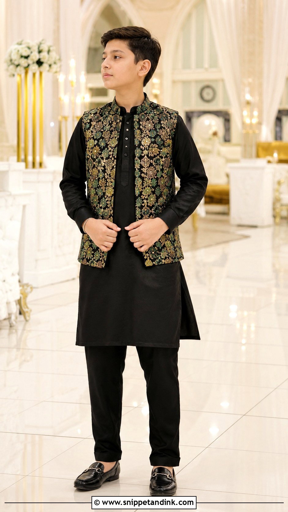 Black Kurta With Embroidered Waistcoat For Boys - Snippet and Ink - 25 Mehndi Dress for Boys Ideas