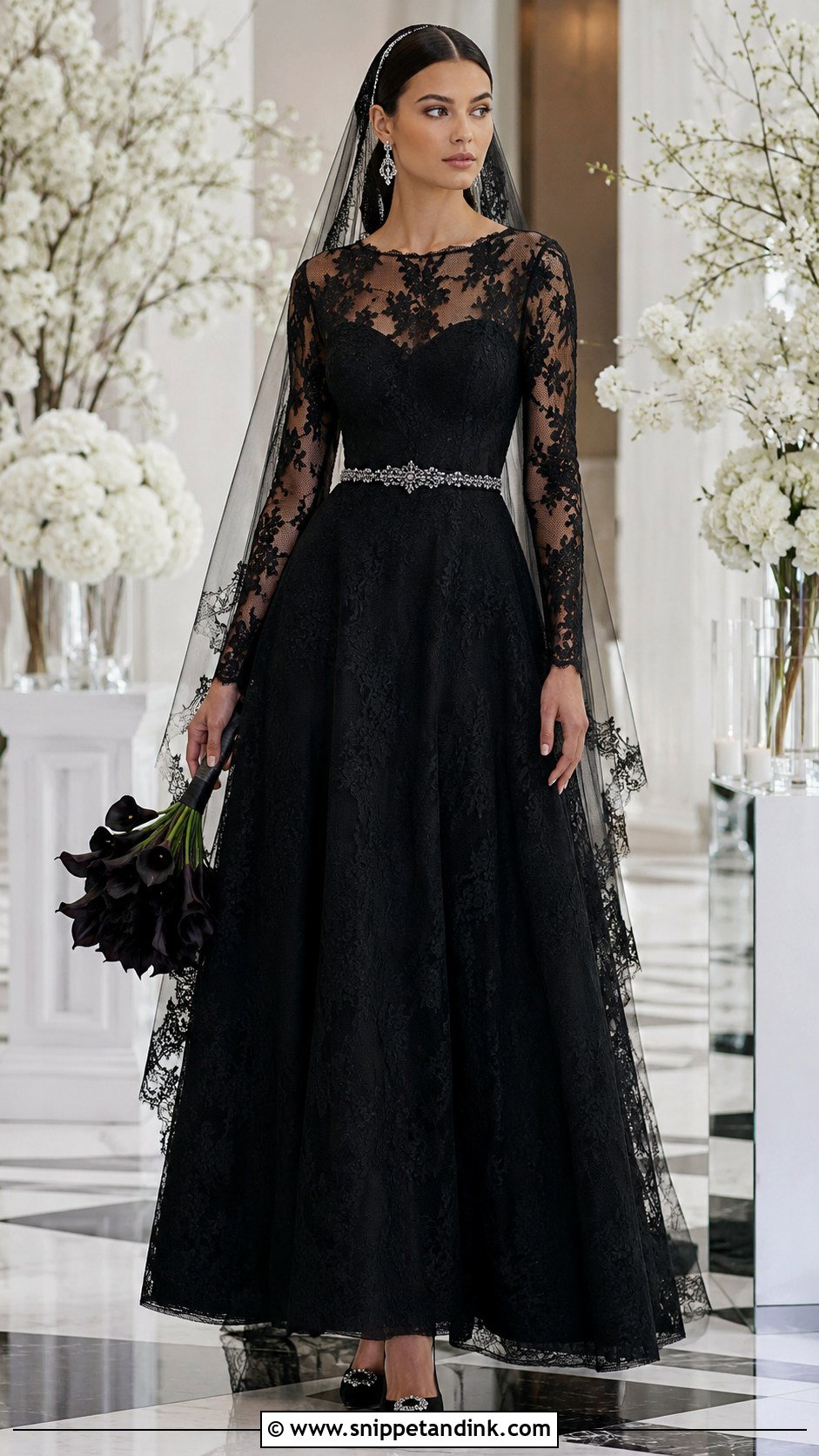 Black Lace A Line Wedding Dress With Long Sleeves - Snippet and Ink - 20 Black Lace Wedding Dress with Sleeves