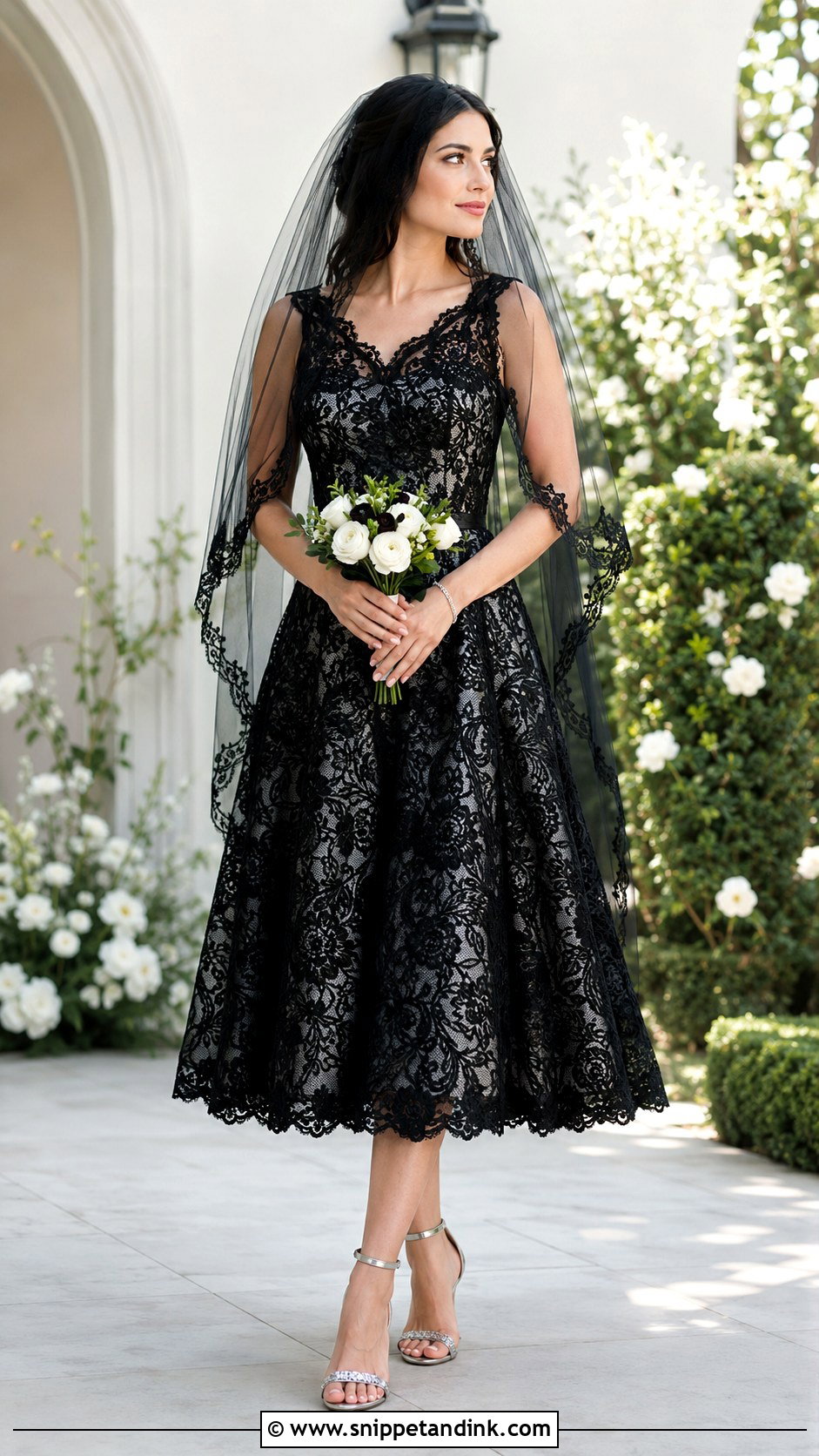 Black Lace A Line Wedding Dress With Silver Lining - Snippet and Ink - 20 Black and Silver Wedding Dress Ideas
