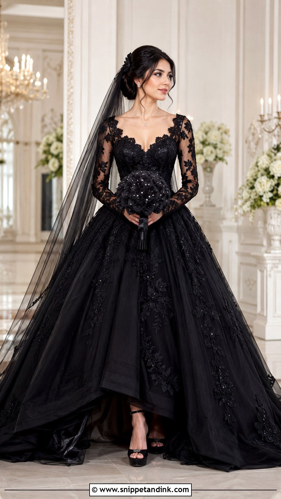 Black Lace Ball Gown Wedding Dress With Sleeves - Snippet and Ink - 20 Black Lace Wedding Dress with Sleeves