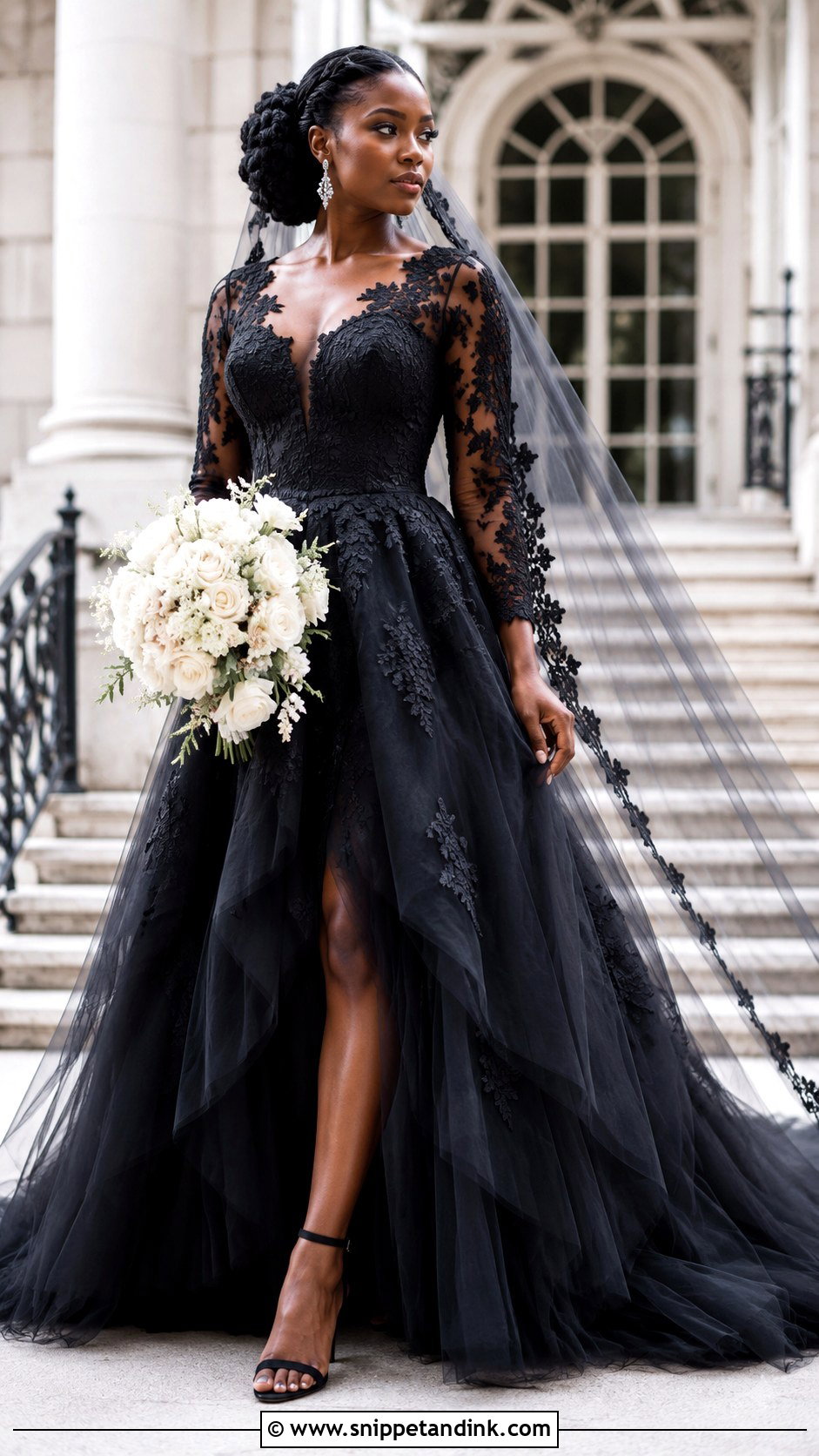 Black Lace Ballgown Wedding Dress With Cathedral Veil - Snippet and Ink - 20 Ballgown Wedding Dress Black Woman Ideas