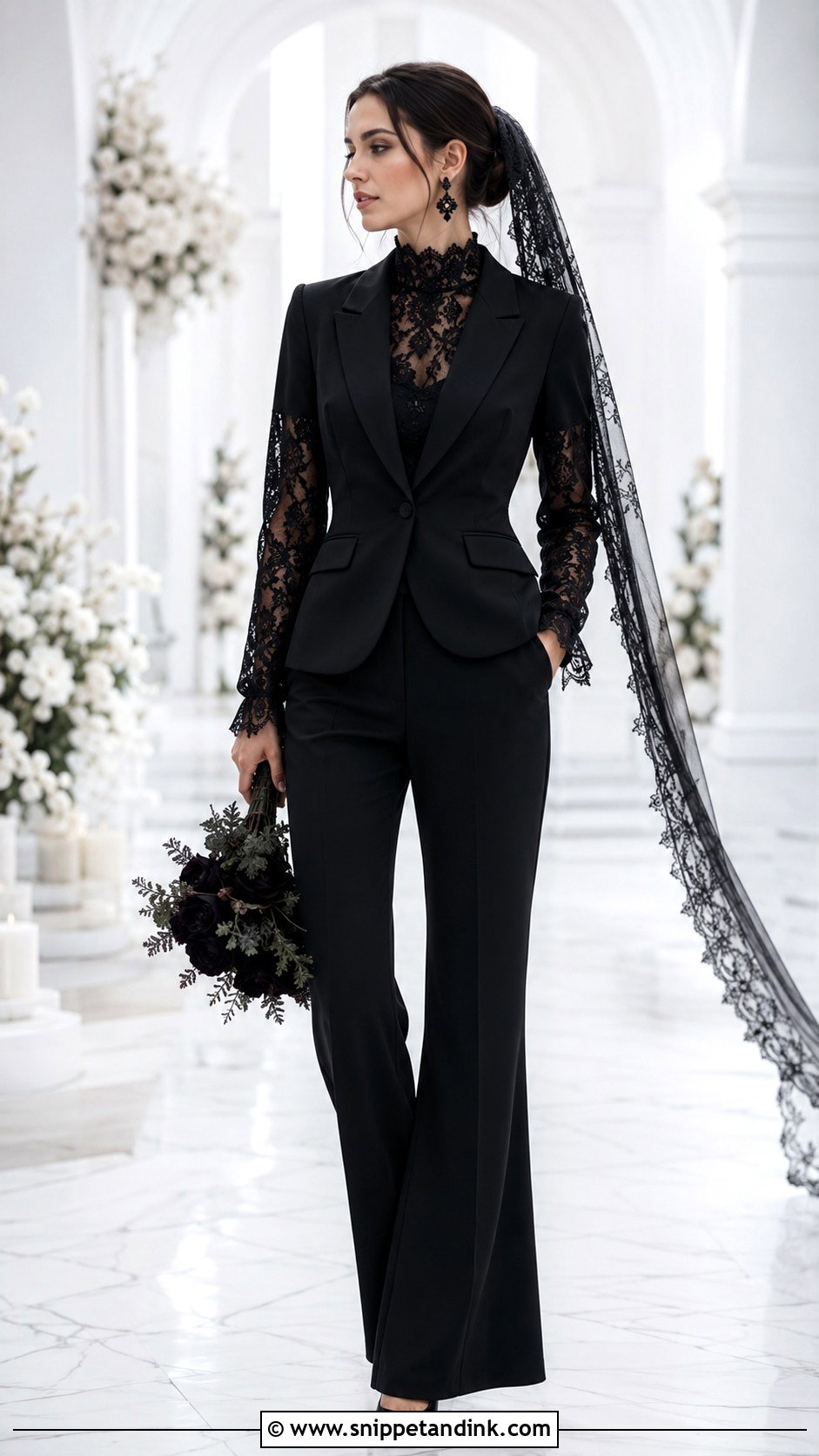 Black Lace Blouse Goth Wedding Pantsuit - Snippet and Ink - 20 Goth Wedding Suit Ideas