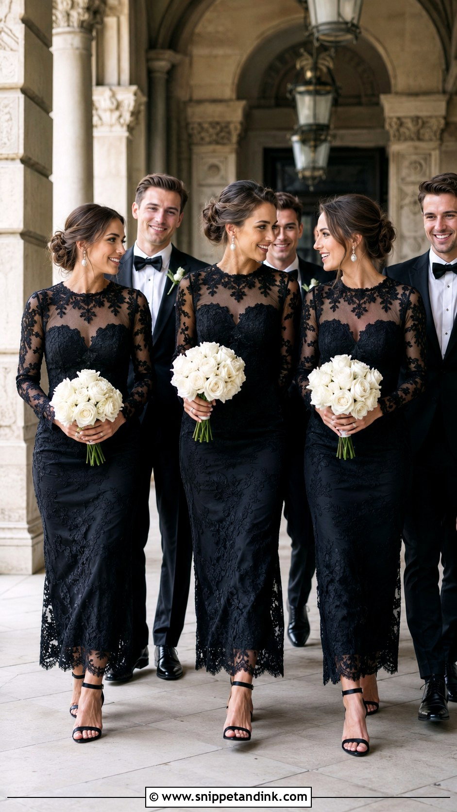 Black Lace Bridesmaid Dresses And Black Tuxedos - Snippet and Ink - 20 Black and White Wedding Party Attire Ideas