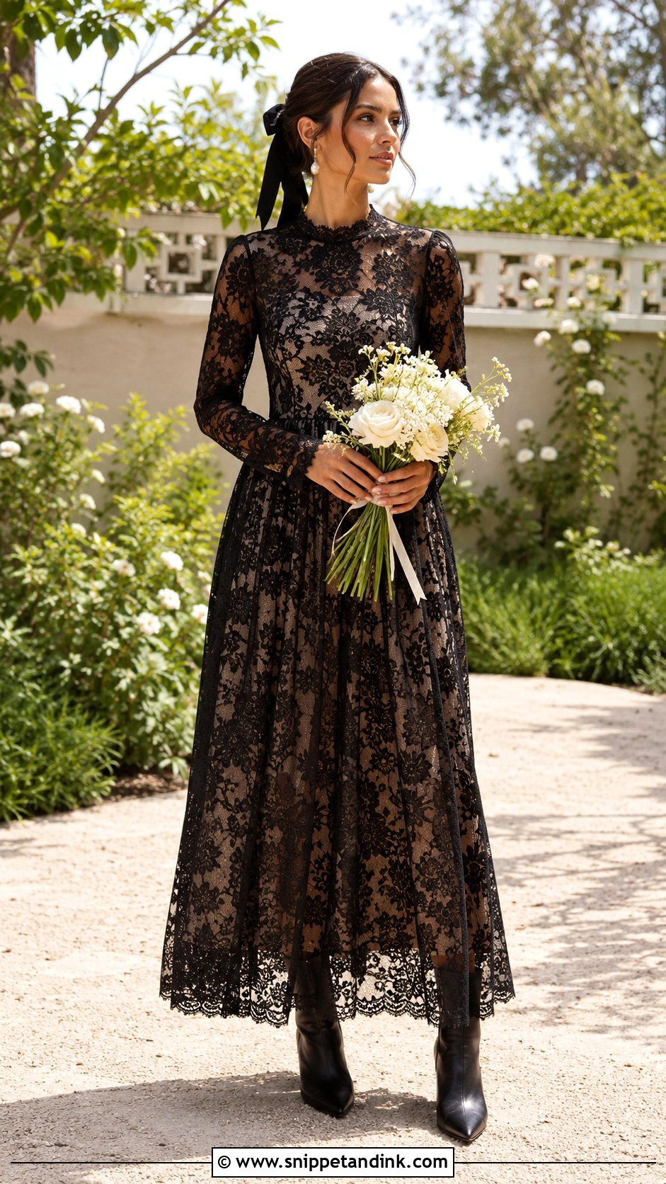Black Lace Elopement Dress With Long Sleeves - Snippet and Ink - 20 Black Elopement Dress Ideas