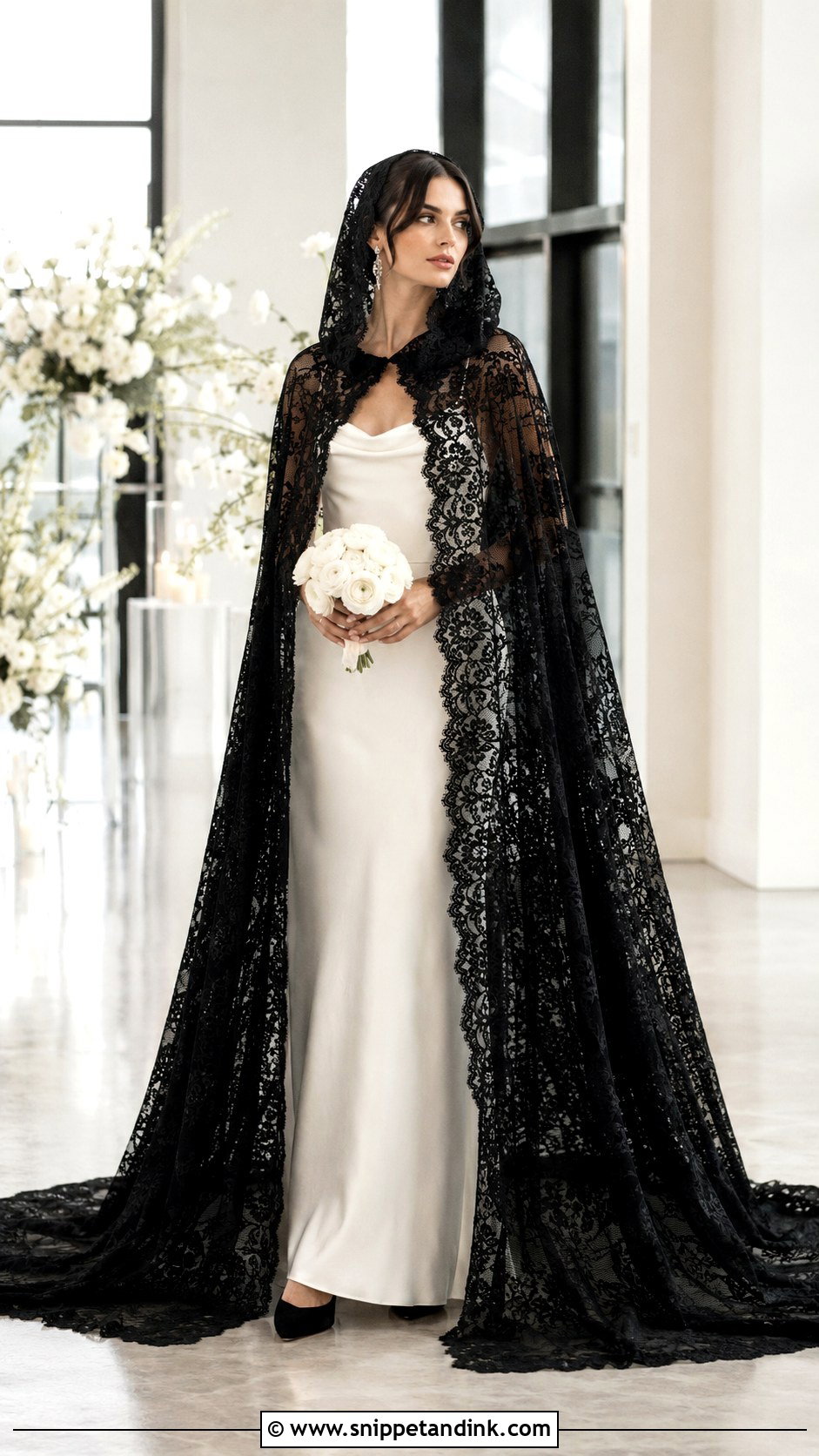 Black Lace Hooded Wedding Cape With White Slip Dress - Snippet and Ink - 20 Wedding Cape with Hood Ideas