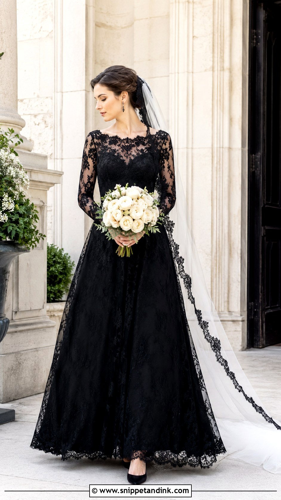 Black Lace Long Sleeve Wedding Dress - Snippet and Ink - 20 All Black Wedding Dress Ideas