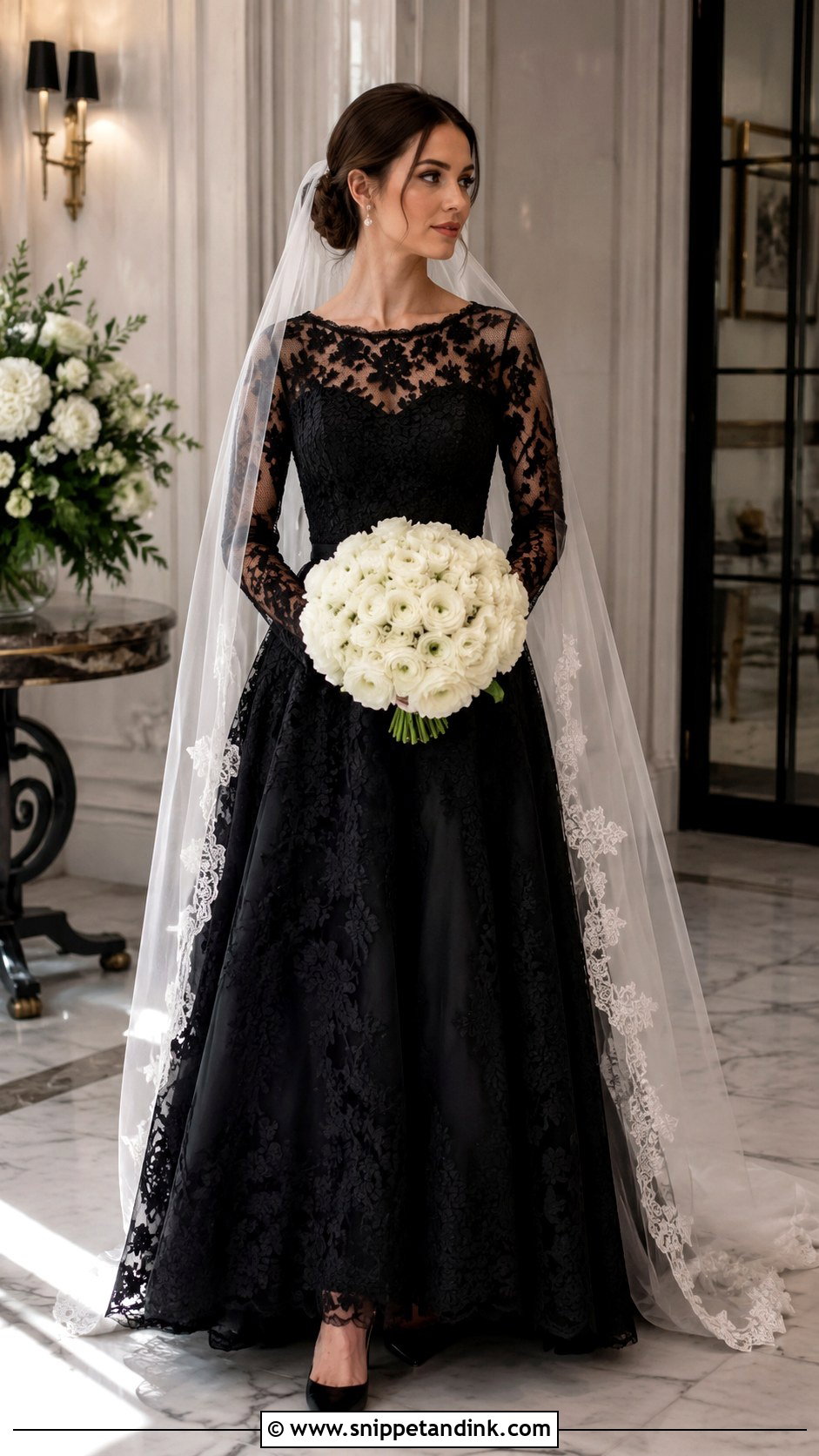 Black Lace Long Sleeve Wedding Dress - Snippet and Ink - 20 Classy Black Wedding Dress Ideas
