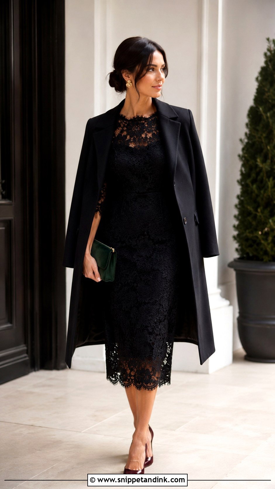 Black Lace Midi Dress Fall Wedding Outfit - Snippet and Ink - 20 Fall Semi Formal Wedding Attire Ideas