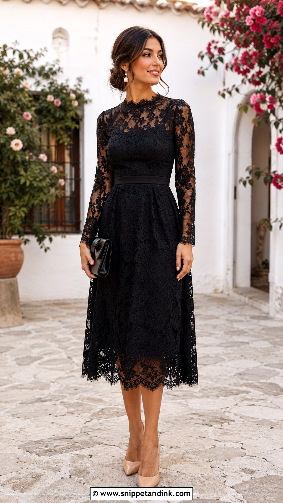 Black Lace Midi Dress Outfit - Snippet and Ink - 20 Black Wedding Attire Ideas