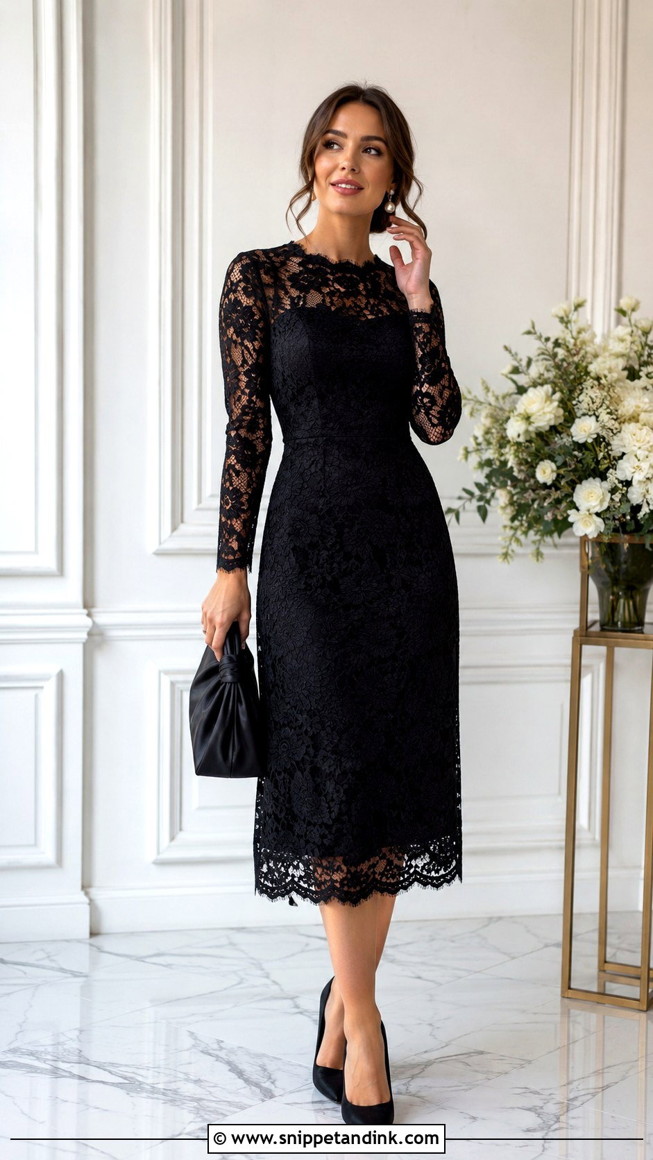 Black Lace Midi Dress Wedding Outfit - Snippet and Ink - 25 Black Outfit for Wedding Ideas