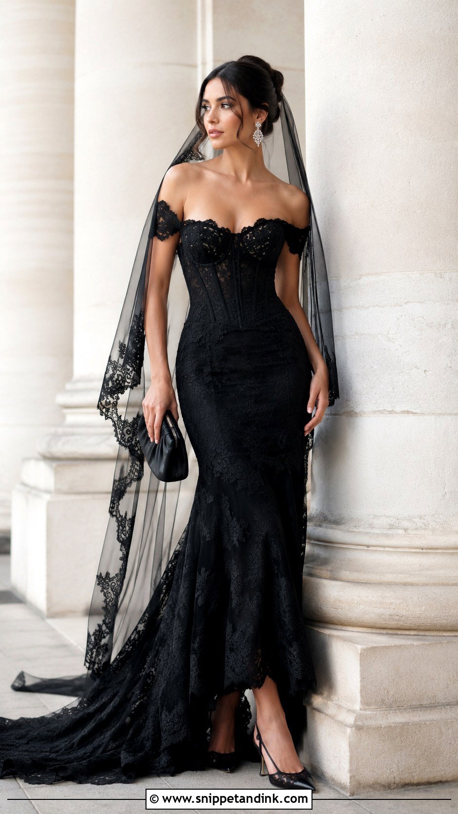 Black Lace Off Shoulder Wedding Dress - Snippet and Ink - 20 Black Lace Wedding Gowns