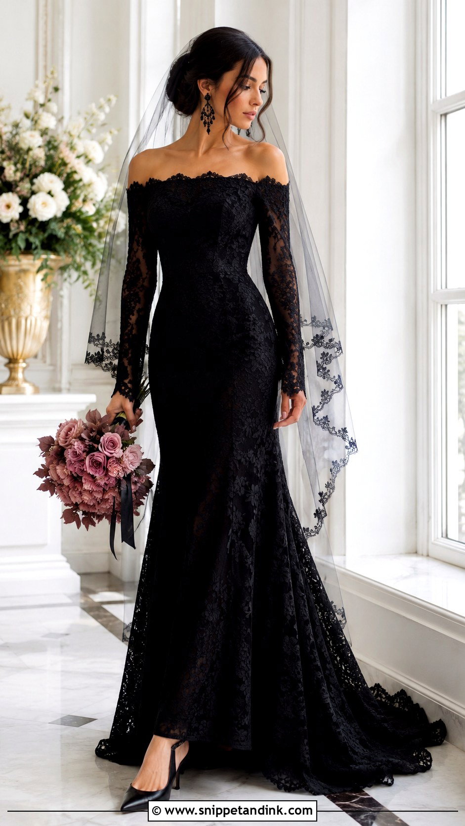 Black Lace Off Shoulder Wedding Dress - Snippet and Ink - 20 Black Lace Wedding Ideas