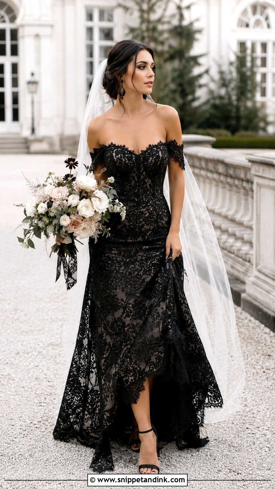 Black Lace Off Shoulder Wedding Dress - Snippet and Ink - 30 Black Lace Wedding Dress Ideas