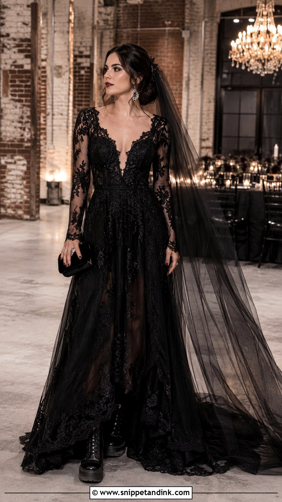 Black Lace Rock Wedding Dress With Platform Boots - Snippet and Ink - 20 Rock Wedding Dress Ideas