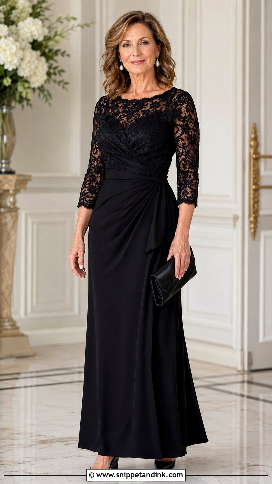 Black Lace Sleeve Wedding Guest Gown - Snippet and Ink - 20 Black Tie Wedding Dresses