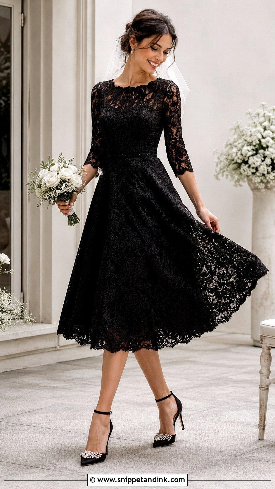 Black Lace Tea Length Wedding Dress With Sleeves - Snippet and Ink - 20 Black Lace Wedding Dress with Sleeves