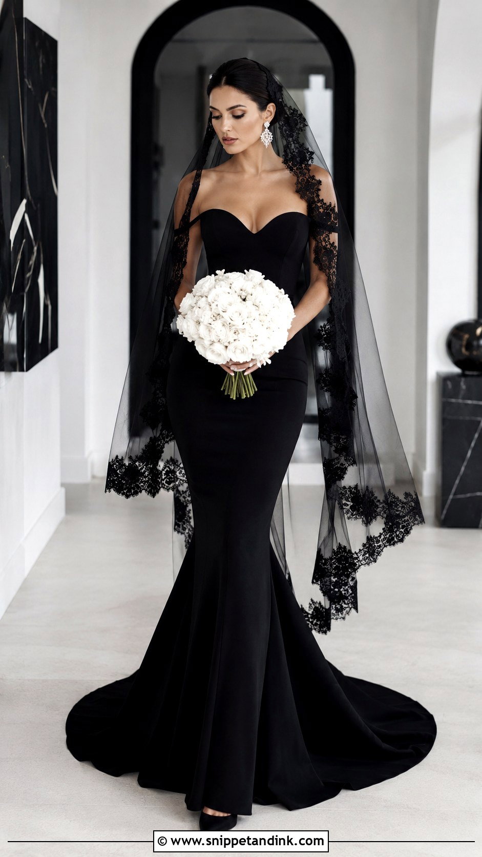 Black Lace Veil With Black Mermaid Gown - Snippet and Ink - 20 Black Vail Bride Ideas
