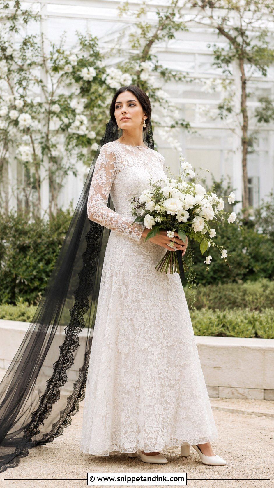 Black Lace Veil With Long Sleeve Wedding Dress - Snippet and Ink - 20 Black Vail Bride Ideas