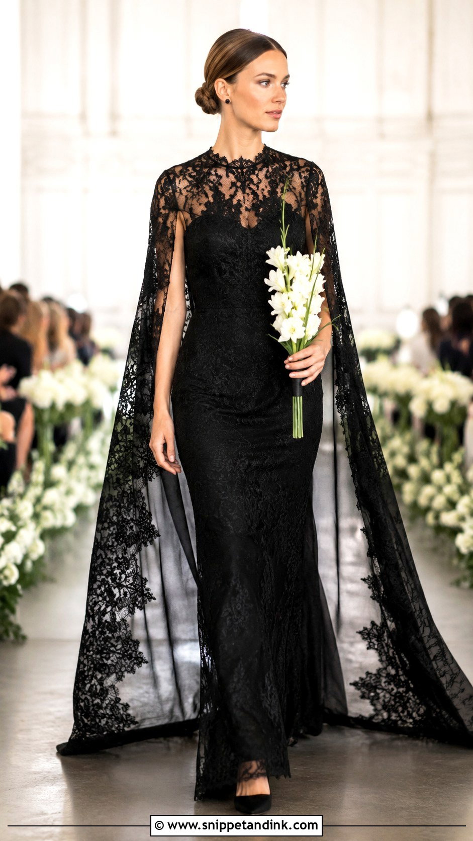 Black Lace Wedding Dress With Cape Sleeves - Snippet and Ink - 20 Black Lace Wedding Dresses
