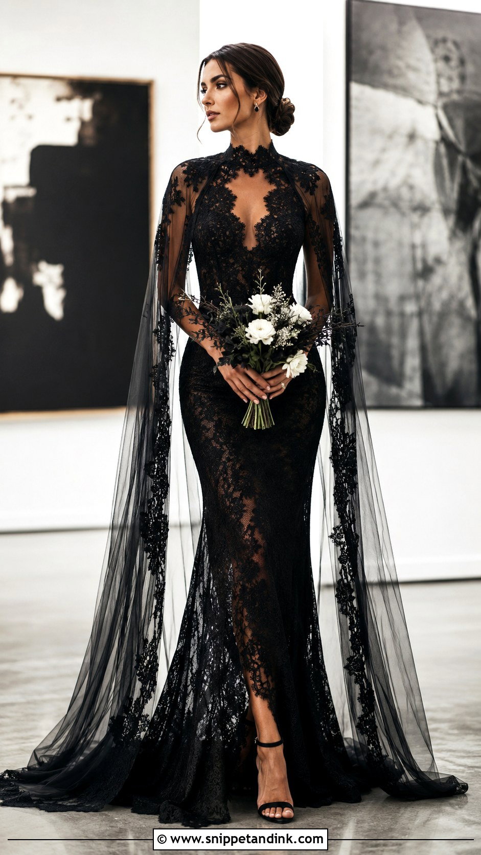 Black Lace Wedding Dress With Cape - Snippet and Ink - 30 Black Lace Wedding Dress Ideas