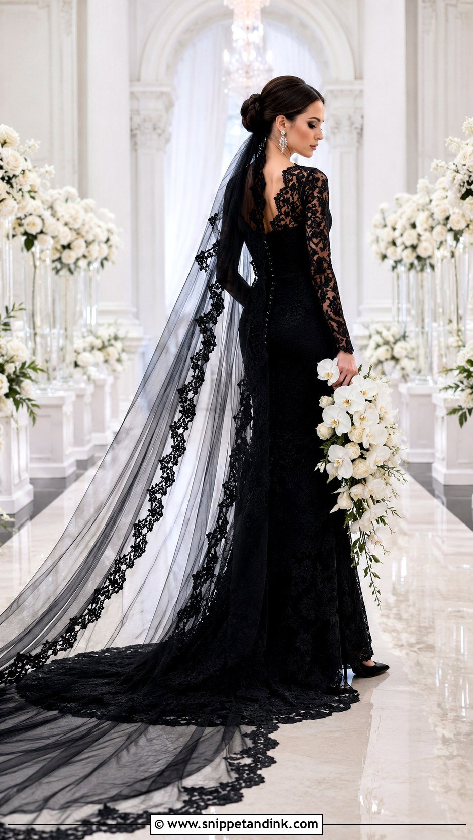 Black Lace Wedding Dress With Cathedral Veil - Snippet and Ink - 20 Elegant Black Lace Wedding Dress Ideas