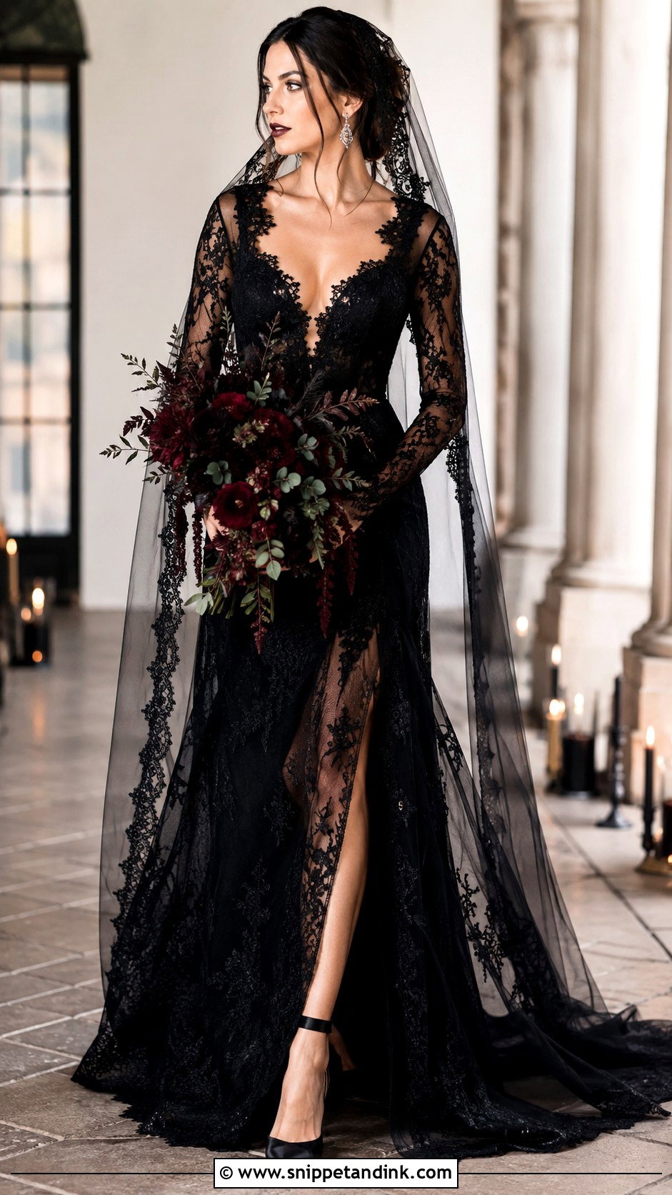 Black Lace Wedding Dress With Cathedral Veil - Snippet and Ink - 30 Witchy Wedding Dress Ideas