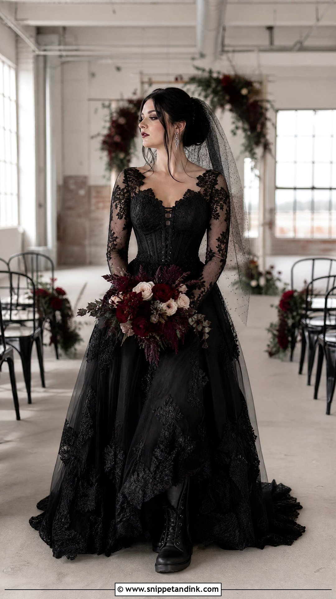 Black Lace Wedding Dress With Combat Boots - Snippet and Ink - 20 Rock and Roll Wedding Dress Ideas